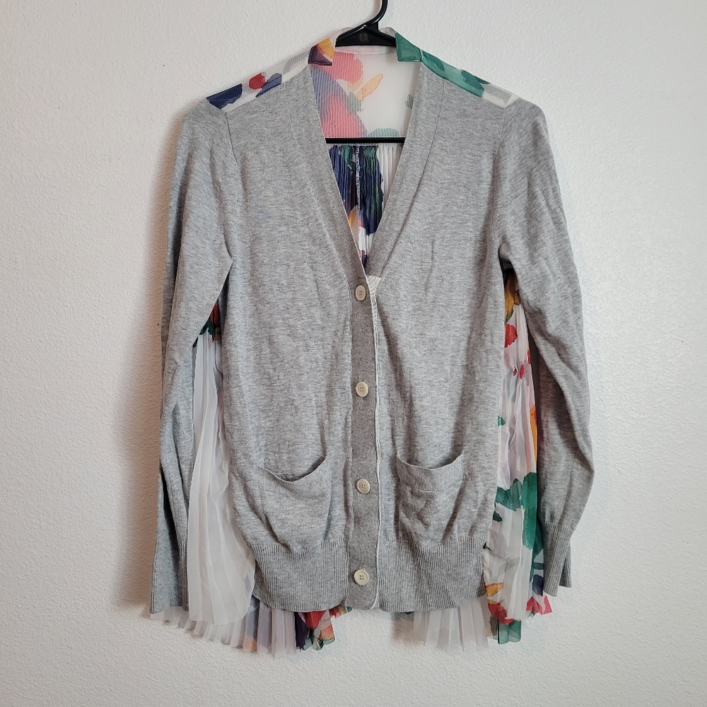 Sacai Designer Contrast Panel Pleated Flower Print Cardigan Size 2 - Picture 5 of 12